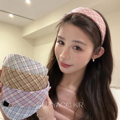 suzyacc kr春夏小清新宽边格纹发箍复古高颅顶显脸小洗脸头箍发饰