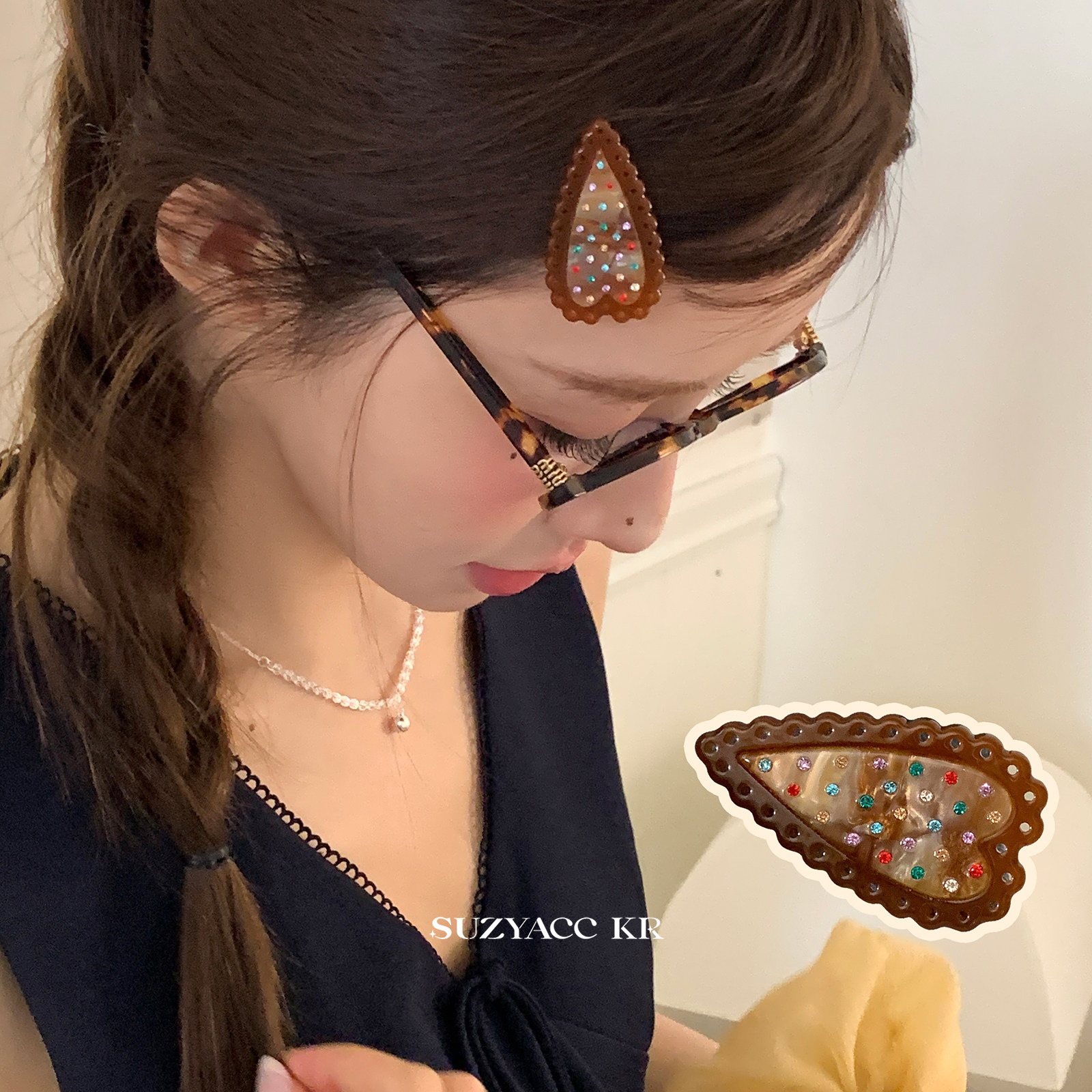 suzyacc kr甜美爱心彩钻饼干发夹女2025新款复古小众高级感刘海夹
