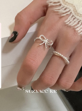 suzyacc kr小众设计纯银蝴蝶结仿珍珠交叉戒指轻奢高级指环食指戒