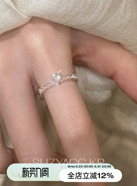 suzyacc kr纤细合成锆石爱心双层戒指精致小众设计感食指戒指环女