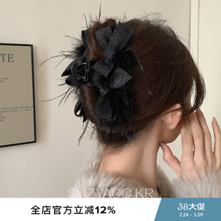 suzyacc kr蓬松氛围感蝴蝶结羽毛抓夹超大号气质小众高级感盘发夹