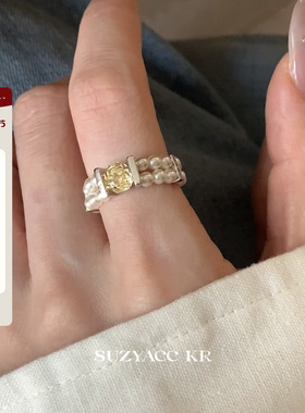 suzyacc kr黄色水钻仿珍珠弹力绳戒指小众设计质感食指戒指环