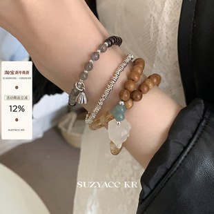 suzyacc 国风手作串珠狐狸石榴石纯银叠戴手链女小众古风手串