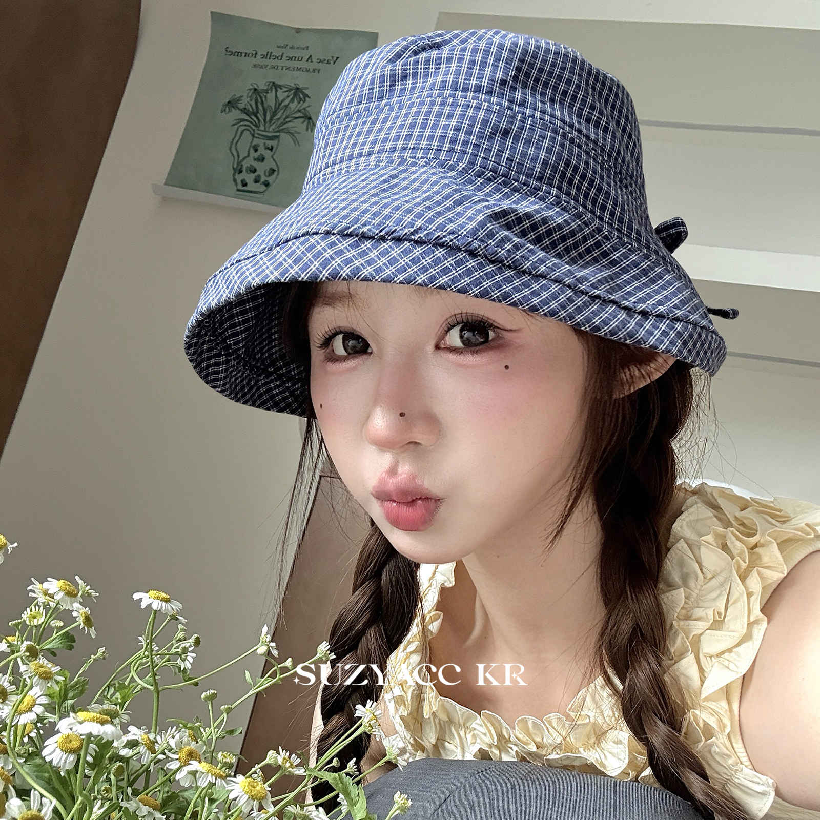 suzyacc kr复古小众miu系甜美藏青格蝴蝶结渔夫帽百搭高级遮阳帽