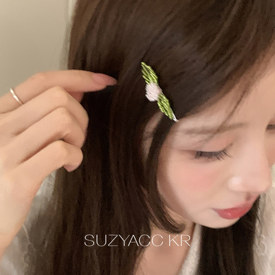 suzyacc kr法式少女串珠花朵发夹小众设计感重工小清新复古侧边夹