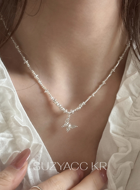 suzyacc kr珍珠碎银蝴蝶吊坠项链精致小众设计感锁骨链串珠颈链女