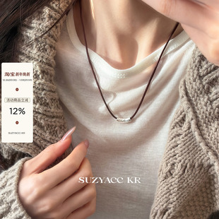 suzyacc 百搭高级感长项链女 kr小众设计手工锤纹圆柱编绳项链个性