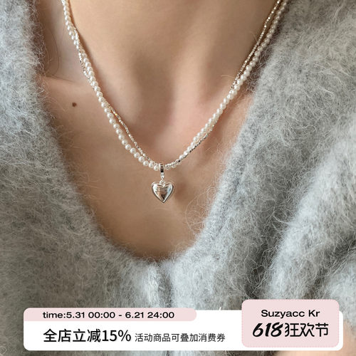 双层缠绕碎银子珍珠爱心项链