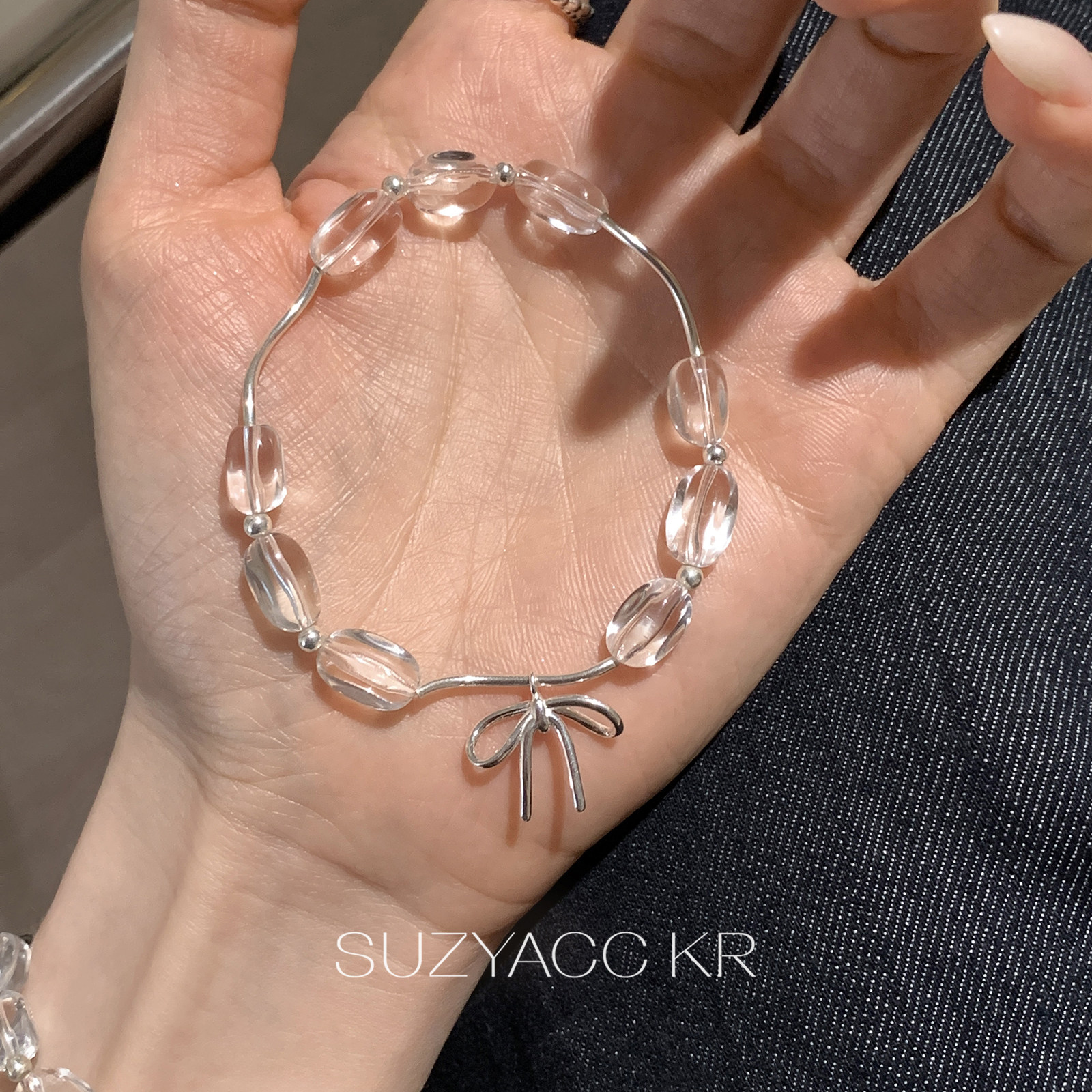 suzyacc kr白水晶蝴蝶结纯银手串简约小众高级感显白温柔百搭手链图片