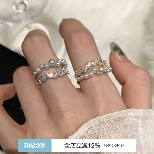 suzyacc kr精致显手白仿珍珠合成锆石开口戒指轻奢小众高级食指戒