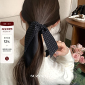 suzyacc kr黑色波点蝴蝶结飘带发圈女通勤复古小众低马尾皮筋头绳