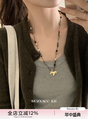 suzyacc kr复古彩色仿松石串珠小马项链小众设计感本命年毛衣链