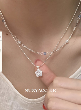 suzyacc kr合成锆石星星吊坠双层串珠项链温柔气质小众高级锁骨链