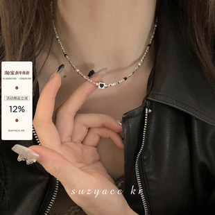 suzyacc 百搭纯银爱心方块项链轻奢小众设计感碎银锁骨链 kr个性