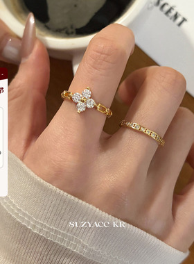 suzyacc kr合成锆石四叶草链条戒指小众设计感食指戒气质高级指环