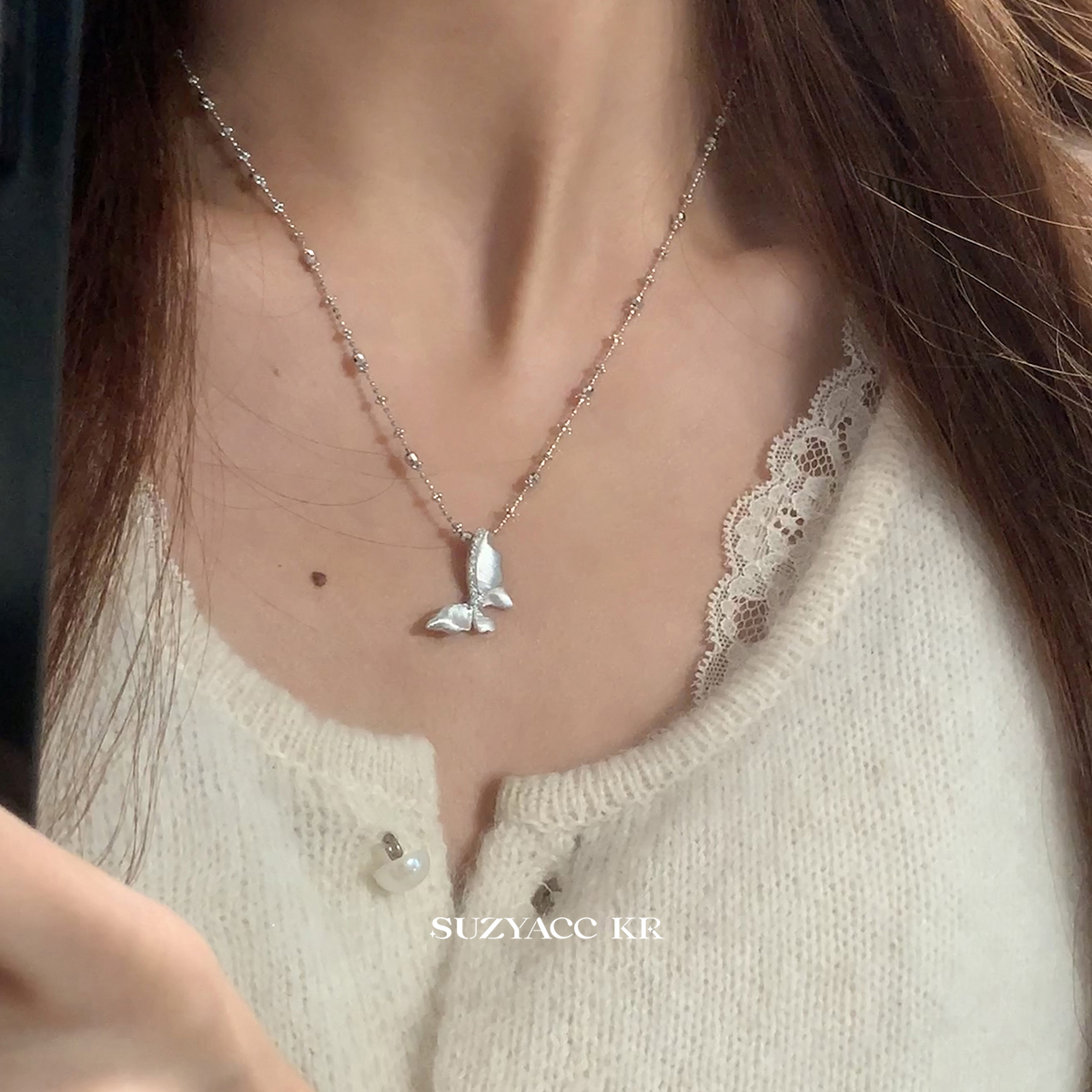 suzyacc kr纯银珠宝精工锁骨链轻奢拉丝蝴蝶项链气质高级感毛衣链