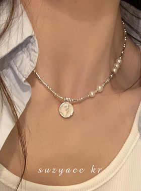 纯银珍珠项链法式滴釉花朵颈链