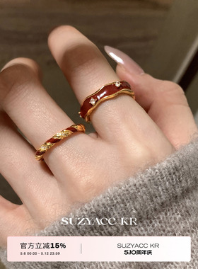 suzyacc kr本命年显白红色滴釉戒指圣诞新年小众气质食指戒指环女