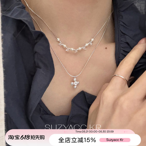 suzyacc kr夏日清凉透闪双层水钻项链女简约高级感ins风叠戴颈链