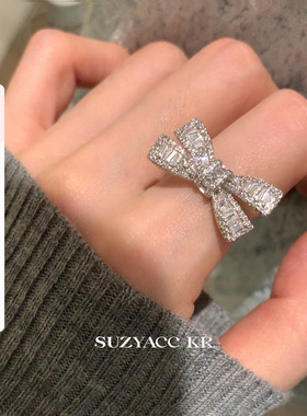 suzyacc kr轻奢重工满钻蝴蝶结戒指小众设计高级感食指戒可调节