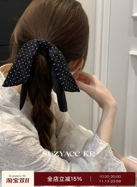 suzyacc kr黑色波点蝴蝶结飘带发圈女通勤复古小众低马尾皮筋头绳