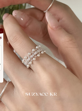 suzyacc kr蕾丝花边仿珍珠合成锆石戒指轻奢气质小众食指戒指环