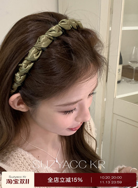 suzyacc kr高级感缎面橄榄绿扭结齿梳发箍法式复古高级感洗脸头箍