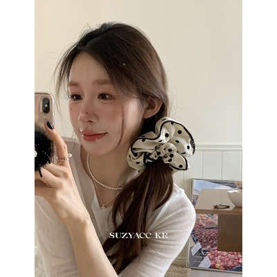 suzyacc kr黑白波点布艺发圈大肠圈法式复古低马尾绑头发皮筋头绳