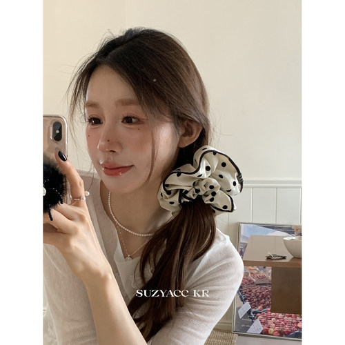 suzyacc kr黑白波点布艺发圈大肠圈法式复古低马尾绑头发皮筋头绳
