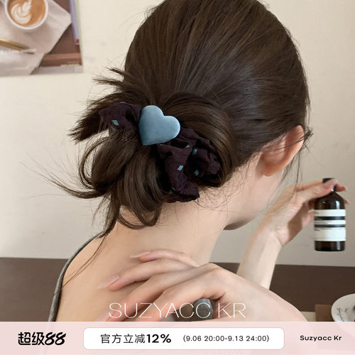 suzyacc kr高级蓝色丝绒爱心发圈早秋复古撞色小众设计感小肠圈