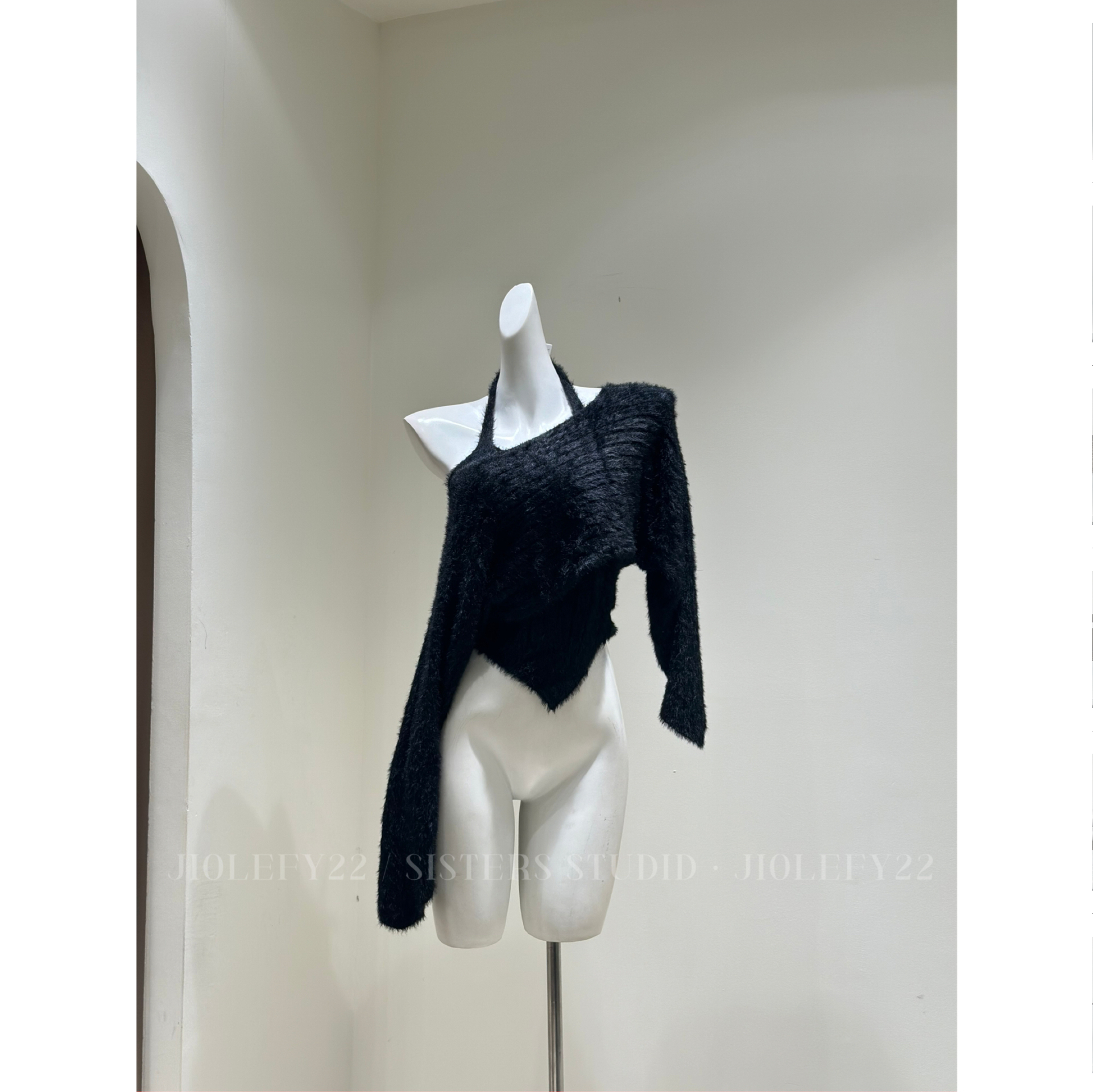 JIOLEFY22 美式挂脖一字肩慵懒针织毛衣小众设计款两件套兔绒上衣