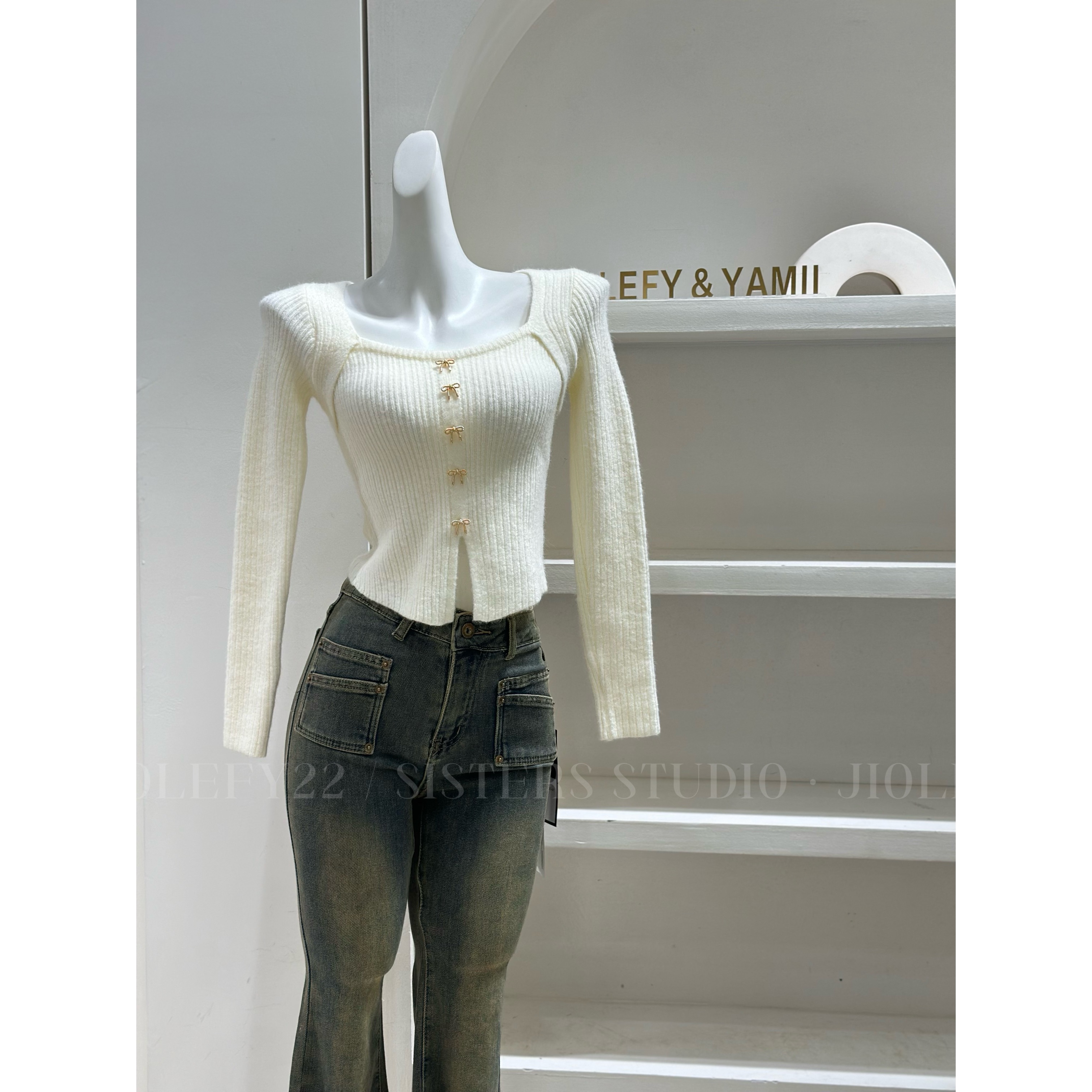 Y22 高级感方领内搭打底衫女秋冬季修身毛衣针织衫假两件短款上衣