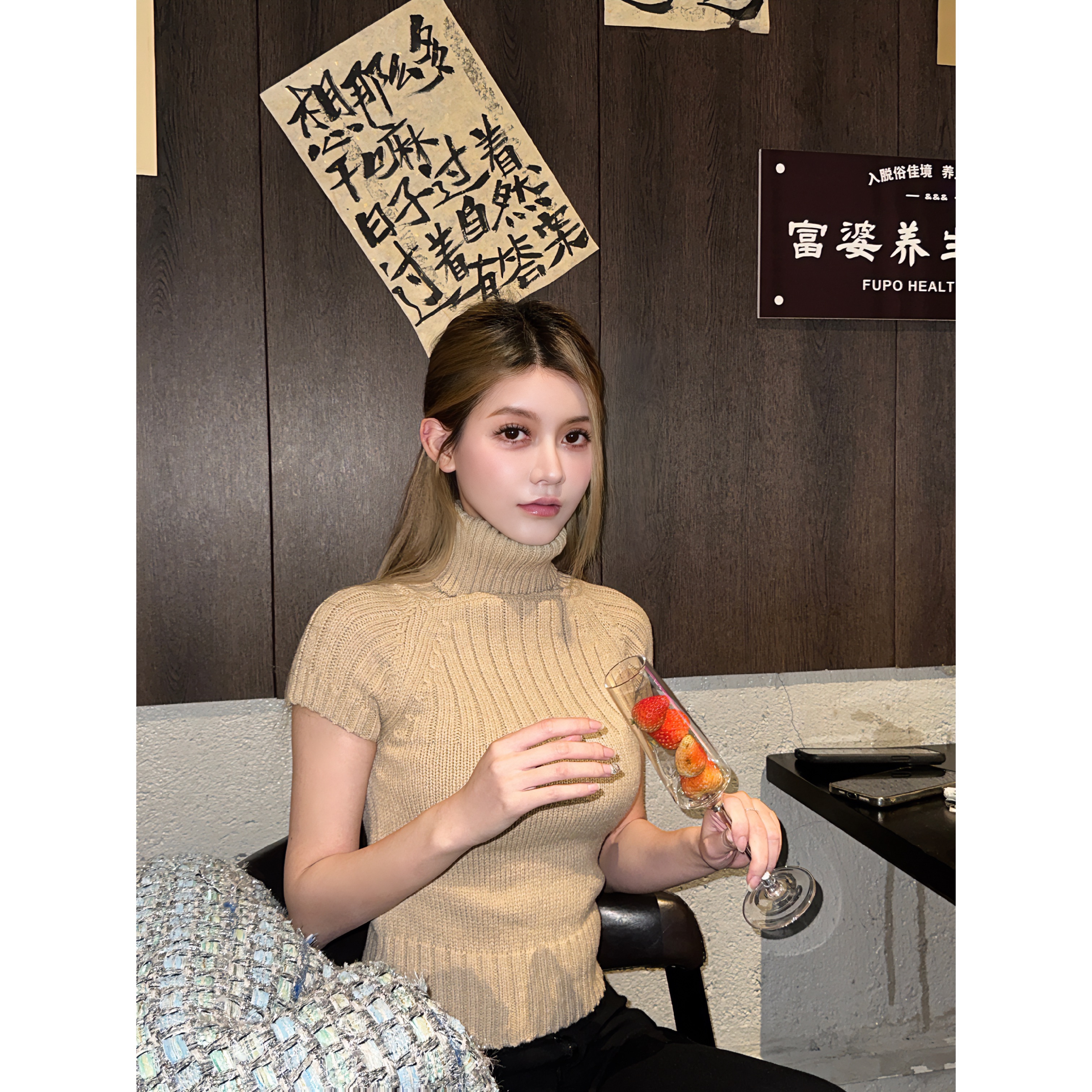 JIOLEFY2卡其色短袖高领套头短袖毛衣女秋冬修身显瘦内搭针织上衣