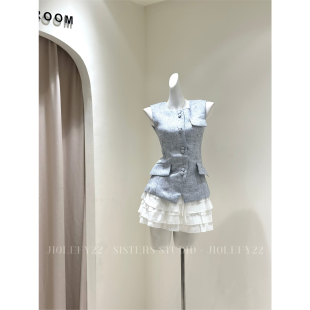 小香风气质名媛套装 a字蓬蓬蛋糕短裙两件套 收腰马甲背心上衣外穿