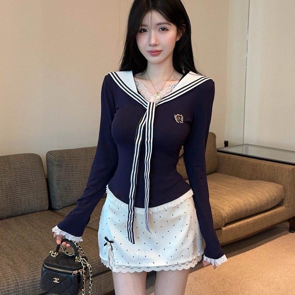 韩系甜美学院风套装女海军领长袖