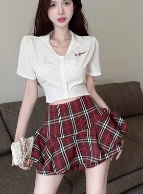 学院风jk制服纯欲辣妹系带蝴蝶结收腰上衣高腰荷叶边格子裙两件套