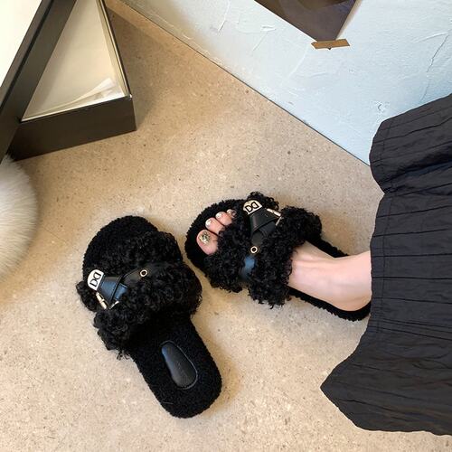 仙女风厚底毛毛拖女外穿