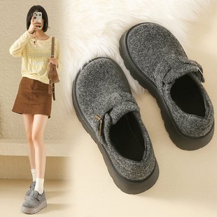 女鞋冬季厚底勃肯鞋加绒不累脚毛毛棉鞋全包一脚蹬防滑软底乐福鞋