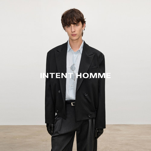 INTENT 吸烟装西服外套/大枪驳领垫肩短宽收腰下摆版型极简西装