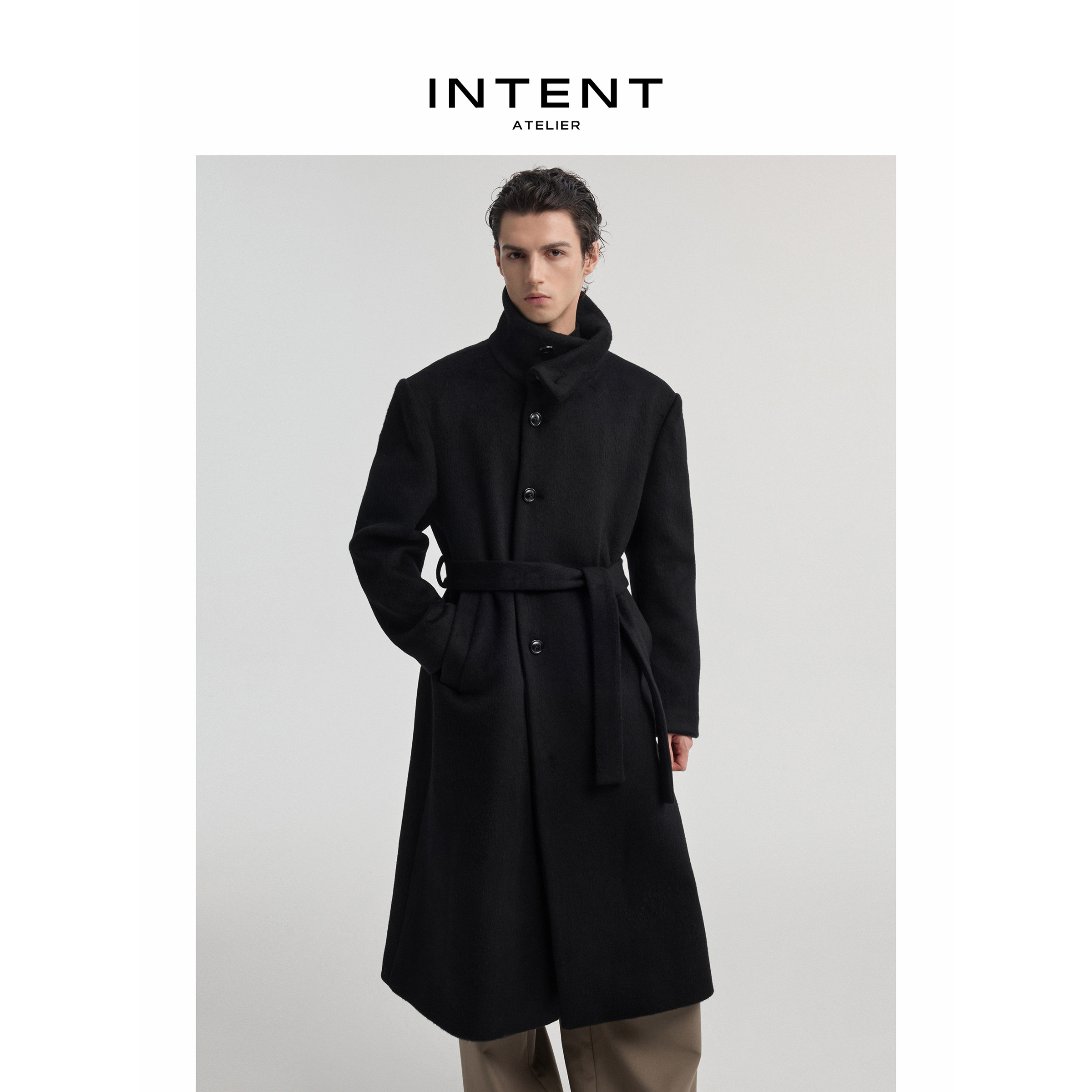 INTENT 雕塑立领系带羊毛大衣 高克重长顺绒澳毛天丝混纺宽松正肩