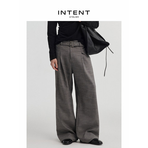INTENT 灰径 竖条纹双褶A字直筒西裤腰带设计高腰通勤休闲长裤