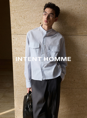 INTENT 100%优质棉亨利领条纹口袋长袖衬衫短宽休闲简约高级感