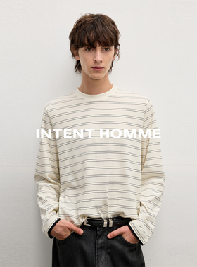 INTENT 双线条纹撞色长袖/拼接设计圆领休闲舒适利落合身百搭打底