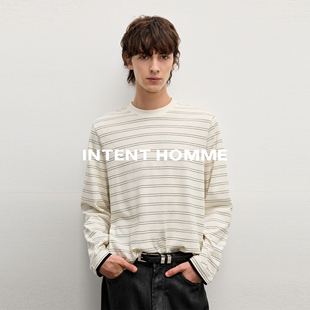 INTENT 拼接设计圆领休闲舒适利落合身百搭打底 双线条纹撞色长袖