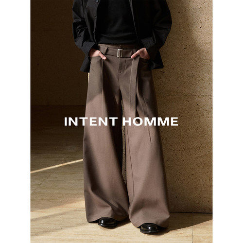 INTENT 腰带暗条纹西裤直筒立体阔腿A字版型通勤休闲长裤