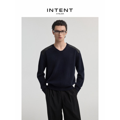 INTENT V领羊毛皮质拼肩针织套头长袖毛衣