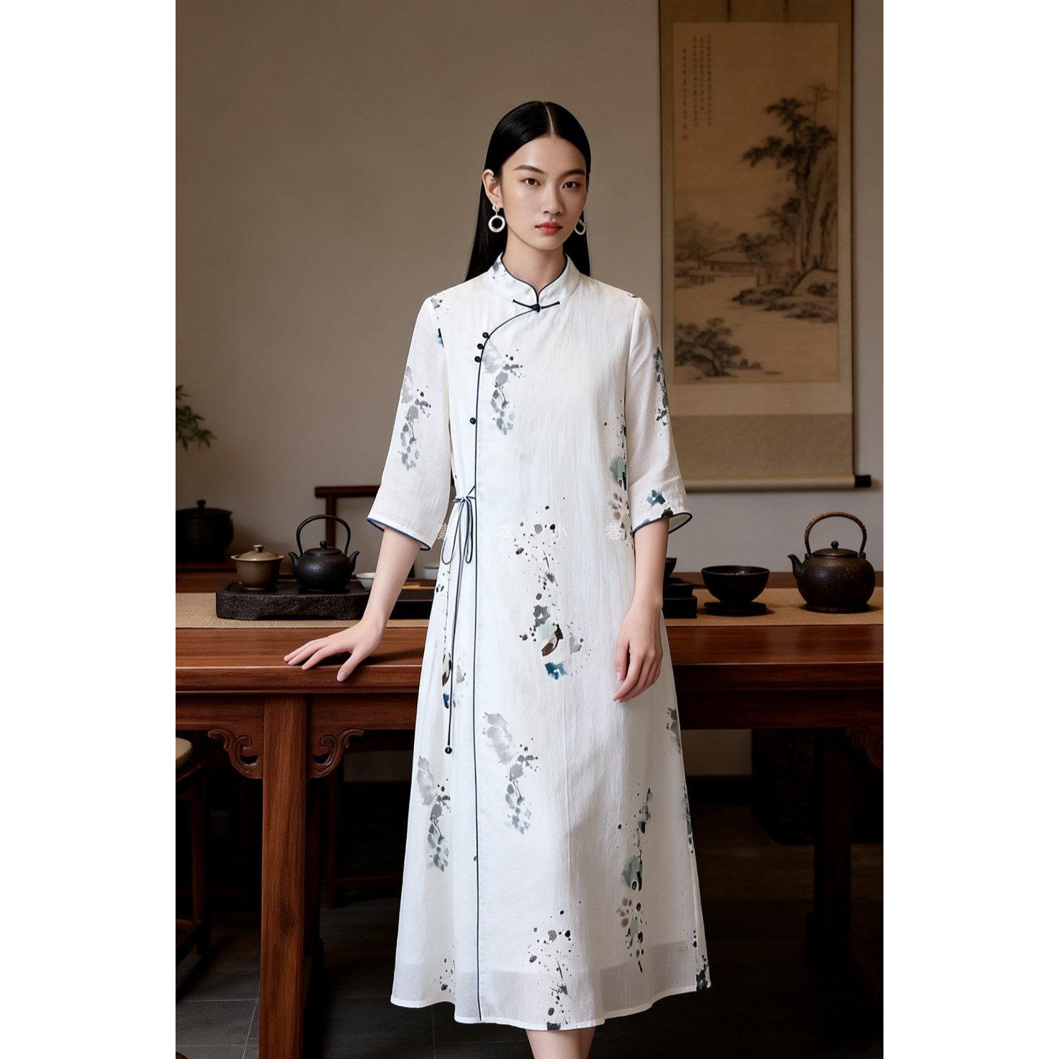 2026春夏新款新中式女装立领苎麻青花瓷印花宽松禅服国风连衣裙