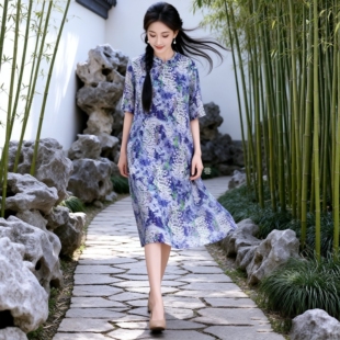 高端原创苎麻印花蓝色旗袍女新中式国风旅游穿搭夏海边度假连衣裙