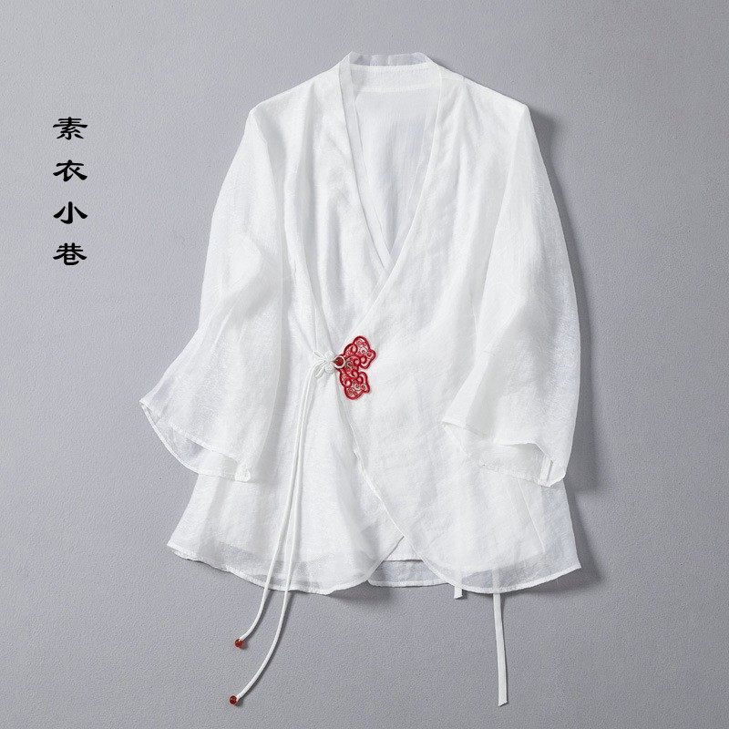 夏季女士通勤宽松系带交领天丝提花汉服改良上衣短款刺绣唐装茶服