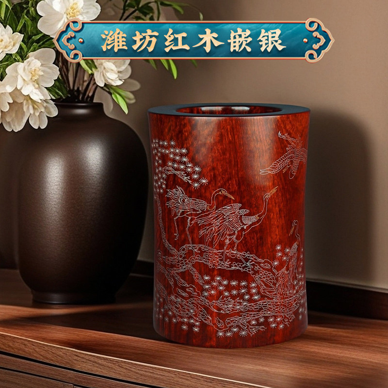 潍坊红木嵌银笔筒实木办公轻奢高级创意木质摆件中国风高端档大气